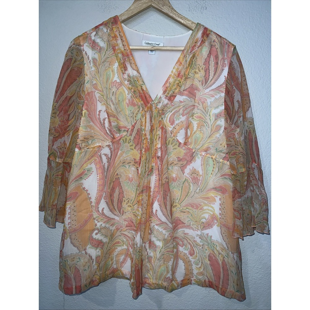 COLDWATER CREEK PASTELS Paisley Crepe 100% Silk Shirt Sheer SIZE LARGE